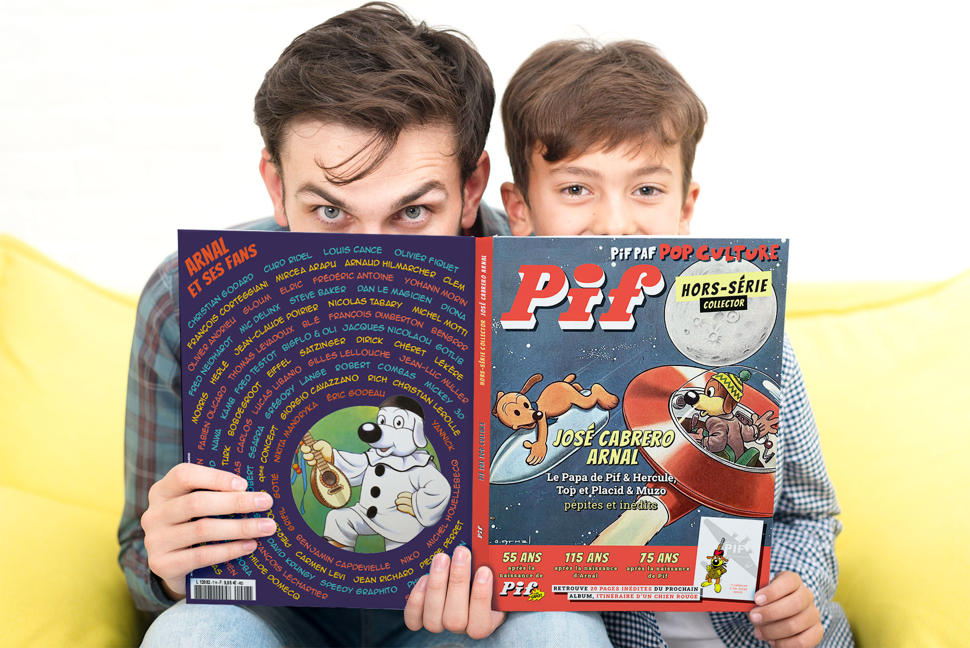 Illustration d'un père et son fils lisant le hors-série Pif spécial Arnal, 2024.