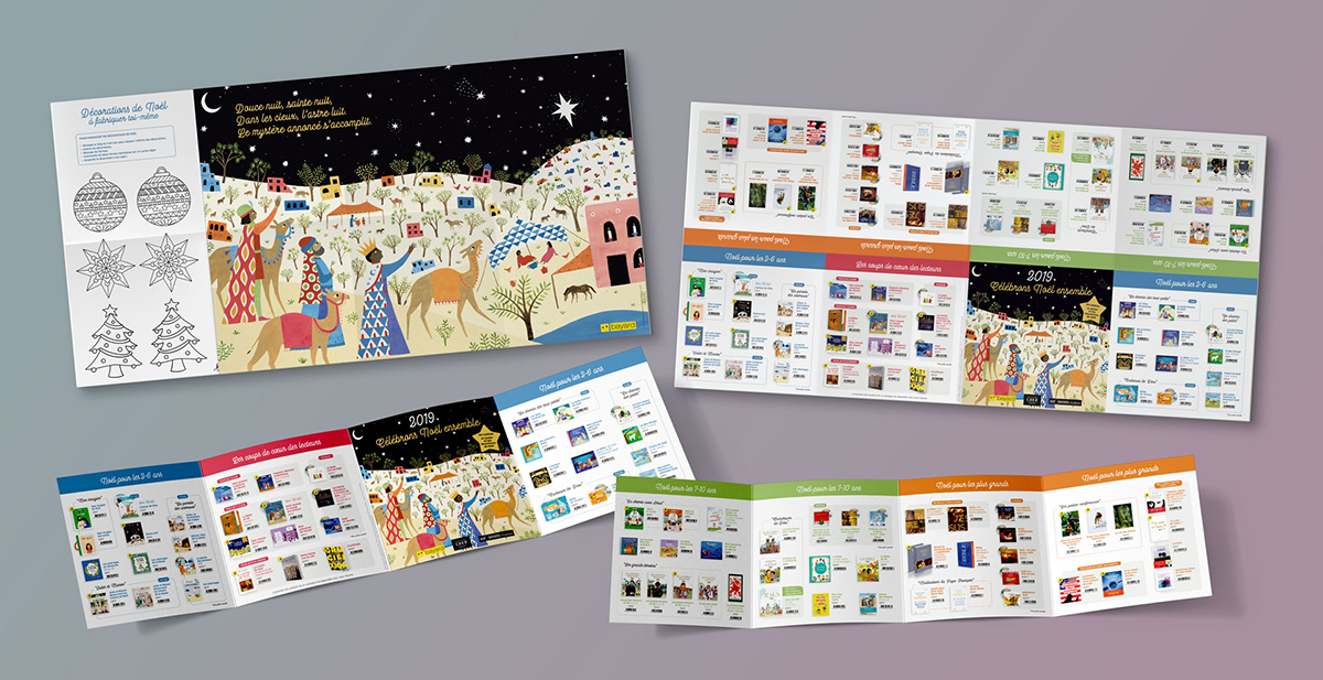 Catalogue promotionnel pour la période de Noël 2019 présentant les publications de Bayard du moment, tout âge. Poster au recto et produits au verso.