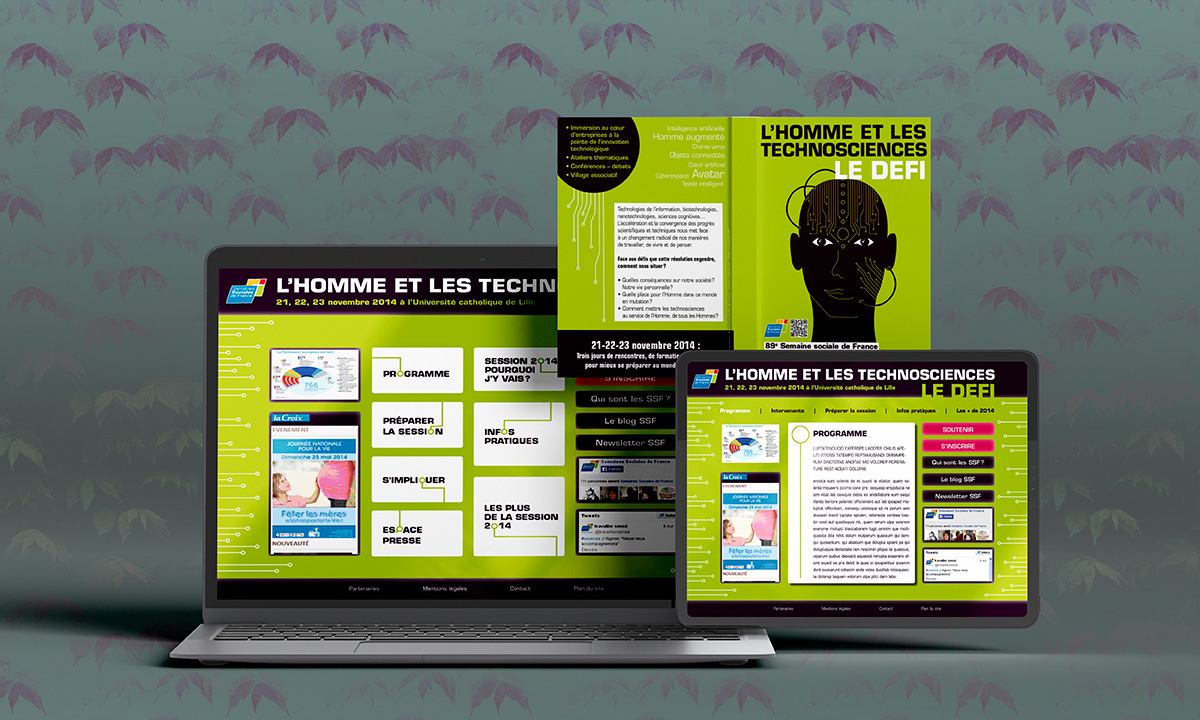 Déclinaison de l’identité graphique des SSF de 2014 sur le thème «L’homme et les technosciences : le défi» sur support numérique et print.