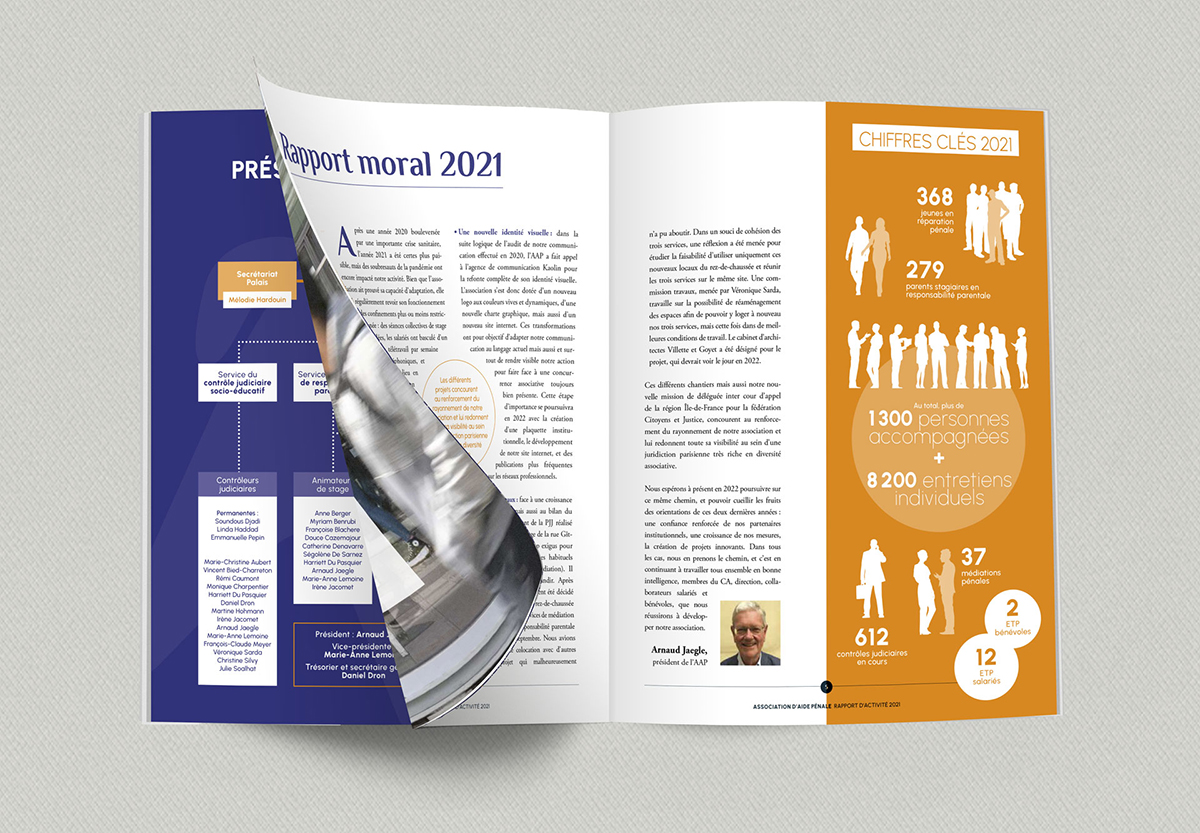 Double-page du rapport d'acticité de l'aide pénale 2021 avec texte et infographie réalisée.