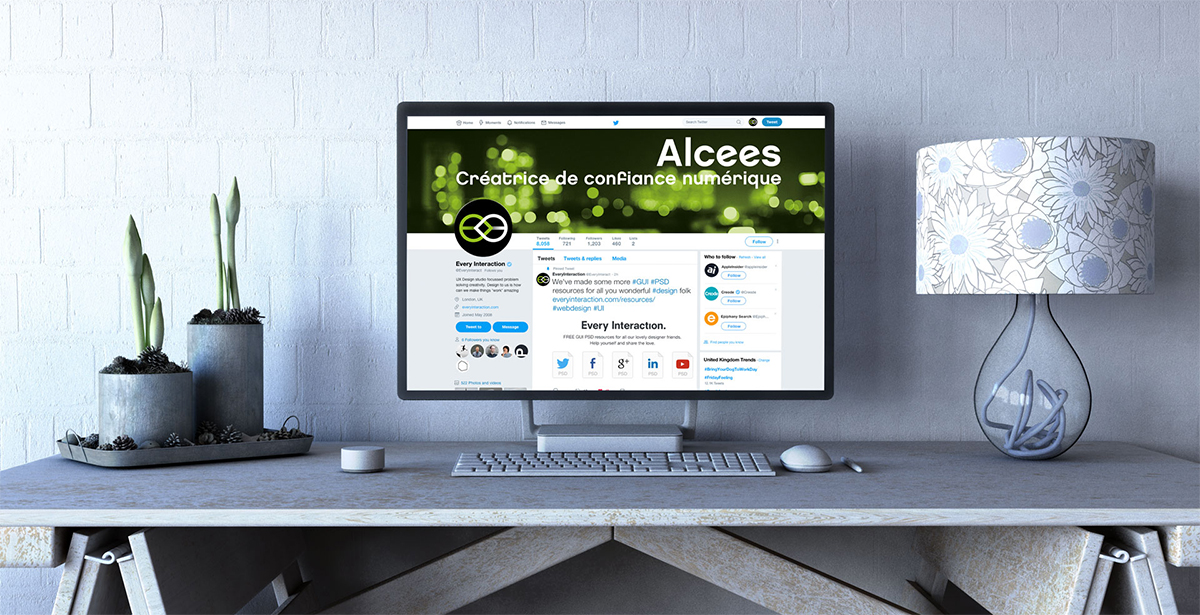 Mock-up ordinateur de la page Twitter/X d'Alcees avec avatar et bannière Web.