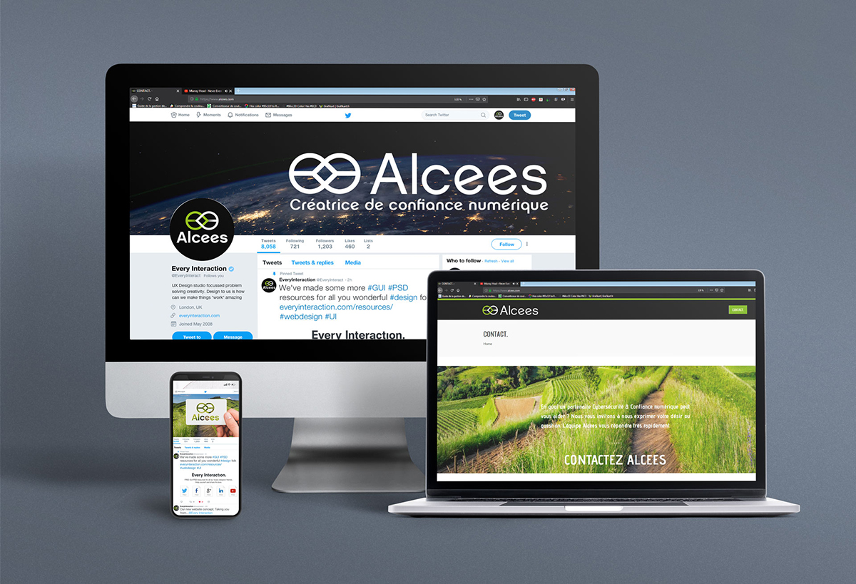 Ordinateur, tablette et mobile avec bannières site internet Alcees et réseaux sociaux.