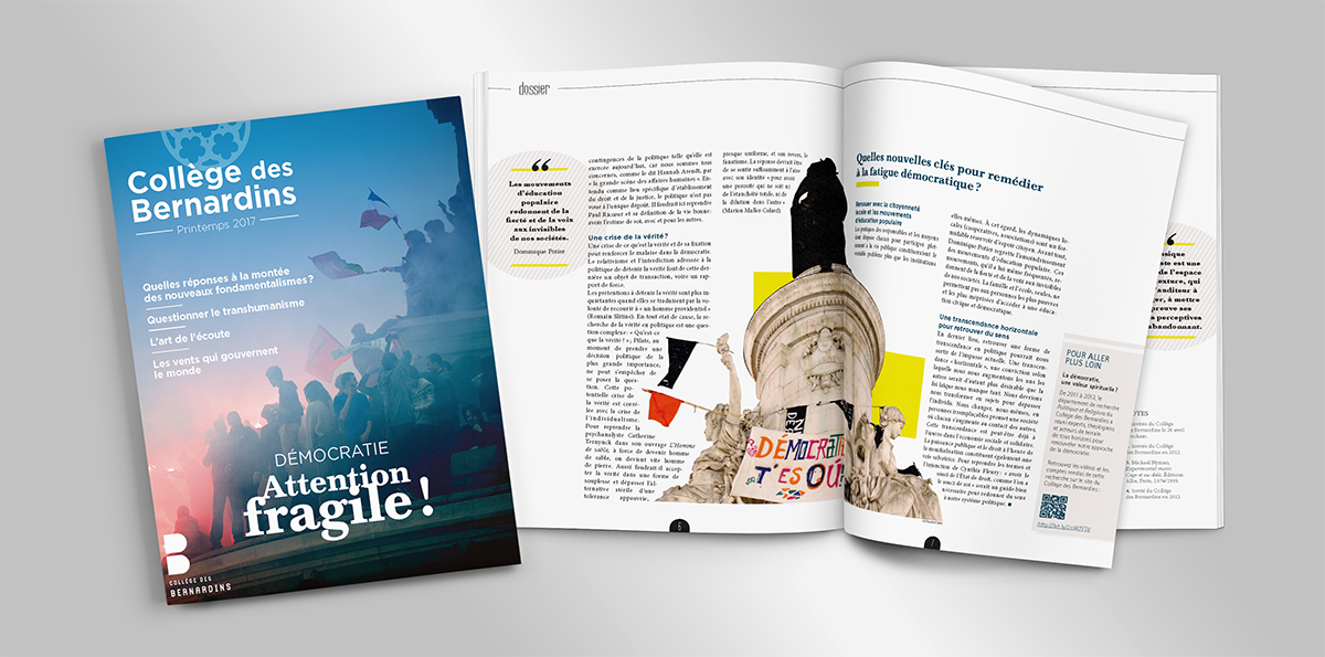 College-des-Bernardins_numero-zero-p1-6-7 Première de couverture et double-page du numéro zéro de la revue interne du Collège des Bernardins, printemps 2017.