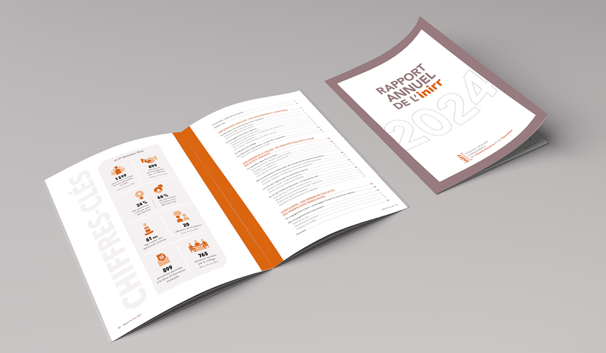 Une de couverture et double-page intérieure avec chiffres-clés et sommaire du rapport d’activité 2024 de l’Inirr, l’instance nationale indépendante de reconnaissance et réparation.