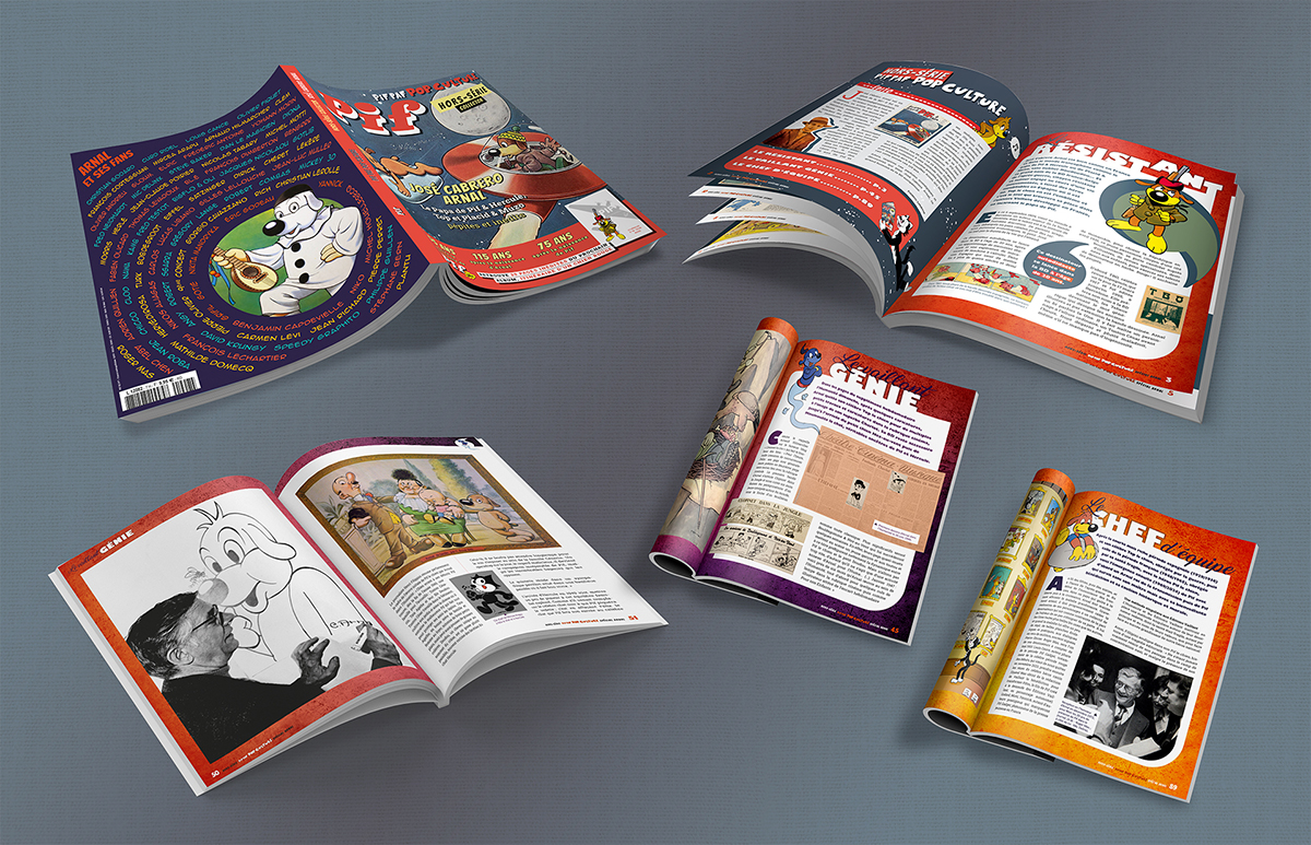 Hors-série Pif Paf Pop Culture spécial Arnal (2024). Première et dernbière de couverture, ouvertures des 3 chapitres, double-page.
