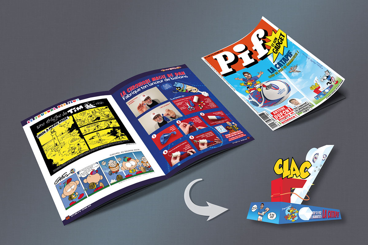 Pif Le Mag n°12 pour l'automne 2023, avec Une de couverture, double-page avec planche BD à gauche et page composée à droite, ainsi que le gadget Catapif en 3D.