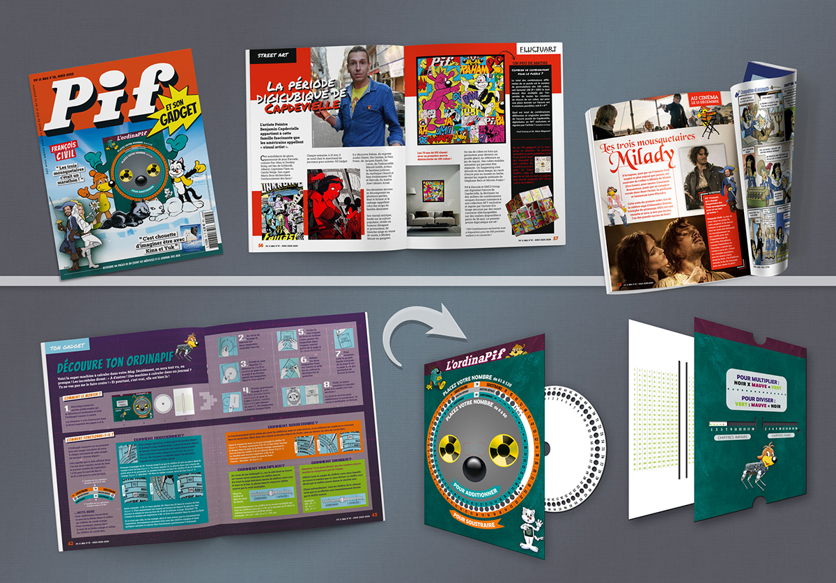 Pif Le Mag n°13 pour l'hiver 2023-2024, avec Une de couverture, double-page sur un artiste street art, page de pub pour le film Milady et double-page sur le mode d'emploi du gadget OrdinaPif.