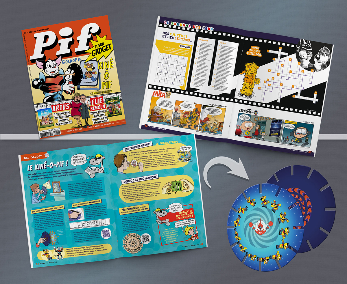 Pif Le Mag n°14 pour le printemps 2024, avec pour thème majeur l’illusion d’optique à travers le dossier et les trois gadgets encartés dans le magazine.