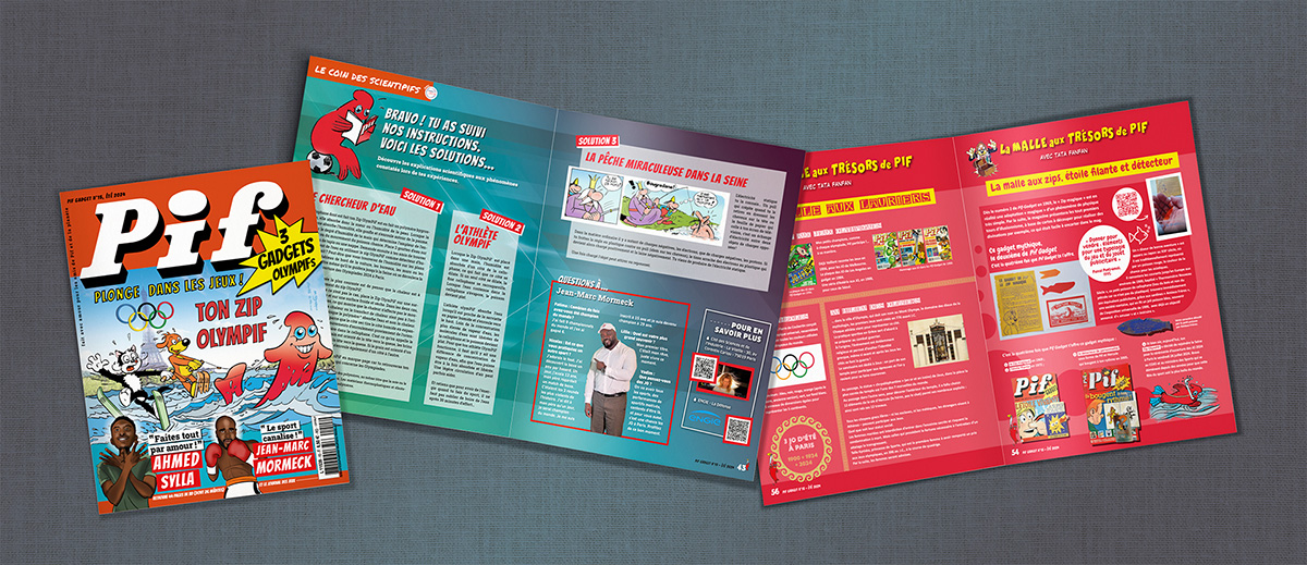 Pif Le Mag n°15 pour l'été 2024, dossier de circonstance sur les jeux olympiques. Une de couverture, double-page du dossier sur les J.O. et double-page malle aux trésors sur le même thème.