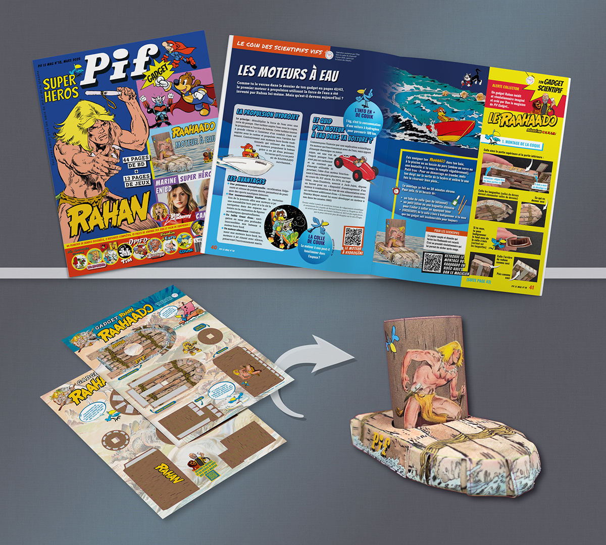 Pif Le Mag n°18 pour le printemps 2025, spécial Rahan avec dossier sur les moteurs à eau. Conception collaborative sur le gadget "Raahaado".
