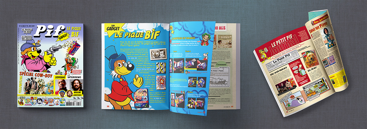 Pif Le Mag n°19 pour l’été 2025, avec Une de couverture, double-page sur le gadget et son montage et première page d’une nouvelle rubrique «Le petit Pif journal».