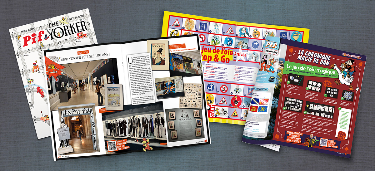 Pif Le Mag n°20 pour l'automne 2025, avec Une de couv créée par Alix pour les 100 ans du New Yorker, une double-page sur l’exposition du New Yorker, une double avec le jeu de l’oie crée par Mircea Arapu et revu par moi-même, et une mise en page de la chronique magei de Dan le magicien.