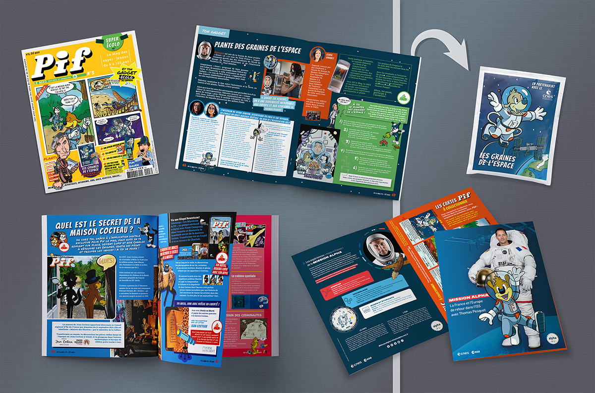 Pif Le Mag n°3 pour l’été 2021, avec Une de couverture, deux double-pages intérieures, ainsi que les deux gadgets : un dépliant 4 pages avec les cartes à collectionner et le sachet de graines de l'espace.