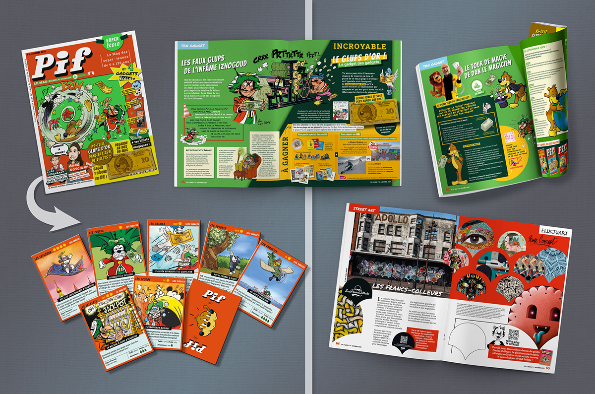 Pif Le Mag n°4 pour l’automne 2021, avec Une de couverture, trosi pages du dossier (Iznogoud et le gadget Glups), une double-page sur le street art et gadget cartes à collectionner.