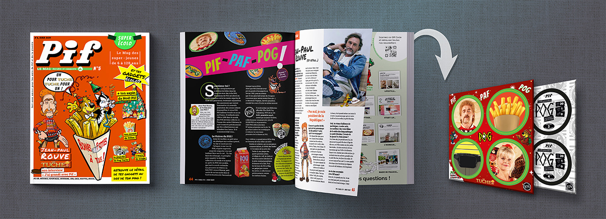 Pif Le Mag n°5 pour l’hiver 2021-2022, avec Une de couverture, une double-page intérieure et l'encart gadget avec quatre Pogs Tuches.