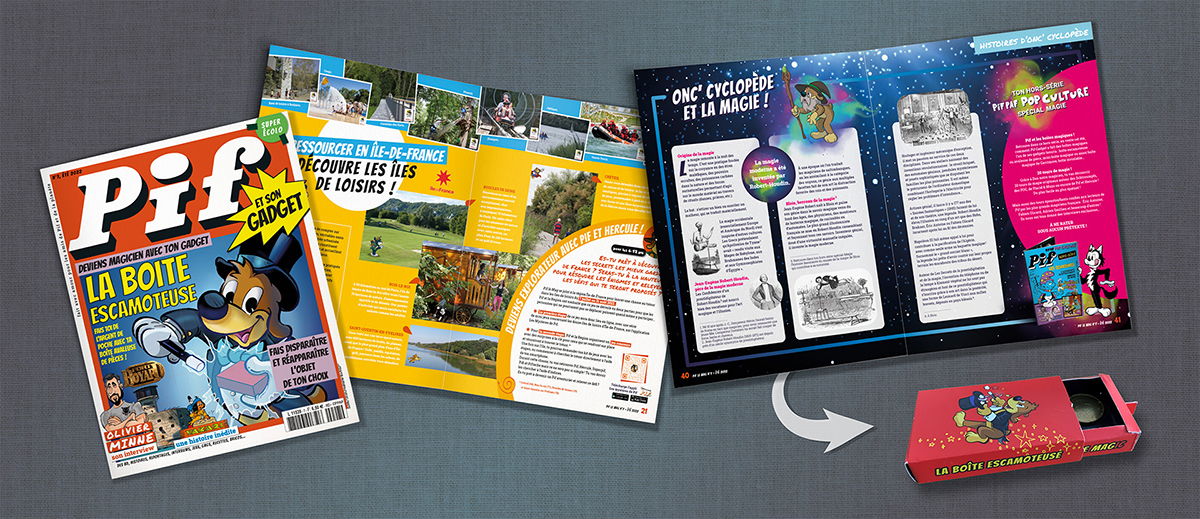Pif Le Mag n°7 pour l’été 2022, avec Une de couverture, double-page excursion, et double-page du dossier sur la magie.