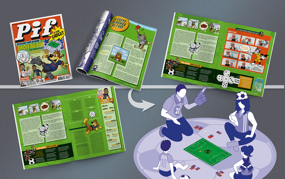 Pif Le Mag n°8 pour l’automne 2022, avec Une de couverture, et les cinq pages du dossier, orientées sur la Coupe du monde de football. Avec le gadget jeu-plateau conçu.