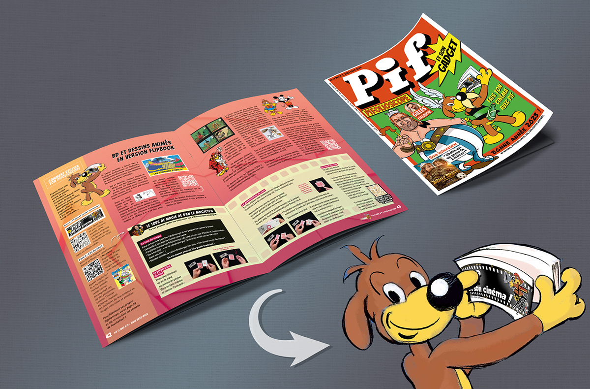 Pif Le Mag n°9 pour l’hiver 2022-2023, avec Une de couverture, et une double-page du dossier sur le flipbook (gadget).
