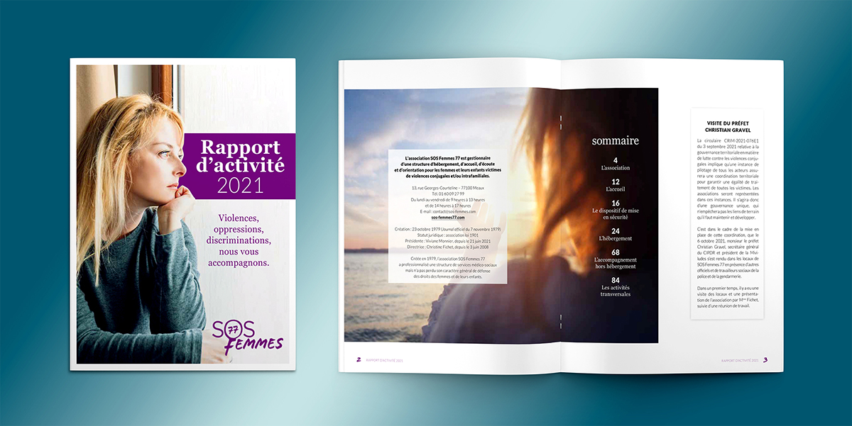 SOS-Femmes-77_couv-sommaire Rapport d’activité 2021 de SOS Femmes 77, une de couverture et première double-page.