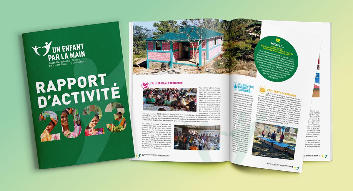 Rapport d’activité de l’année 2023 de l’association Un Enfant par la main. Une de couverture et double-page intérieure.