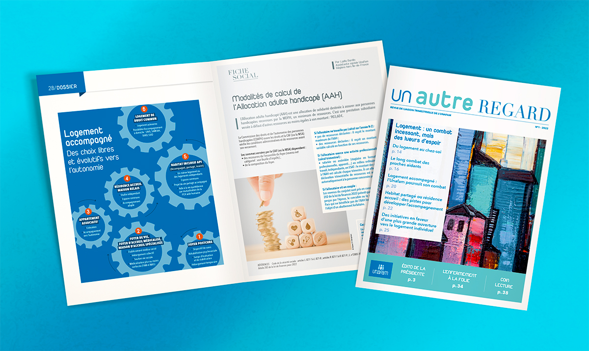 Revue Un autre regard, premier trimestre 2022, de l’Unafam, l’union nationale de familles et amis de personnes malades et/ou handicapées psychiques. Une de couverture et double-page avec infographie.