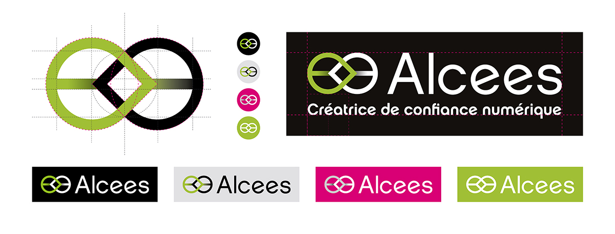 Logotype d'Alcees, construction et déclinaisons couleurs.
