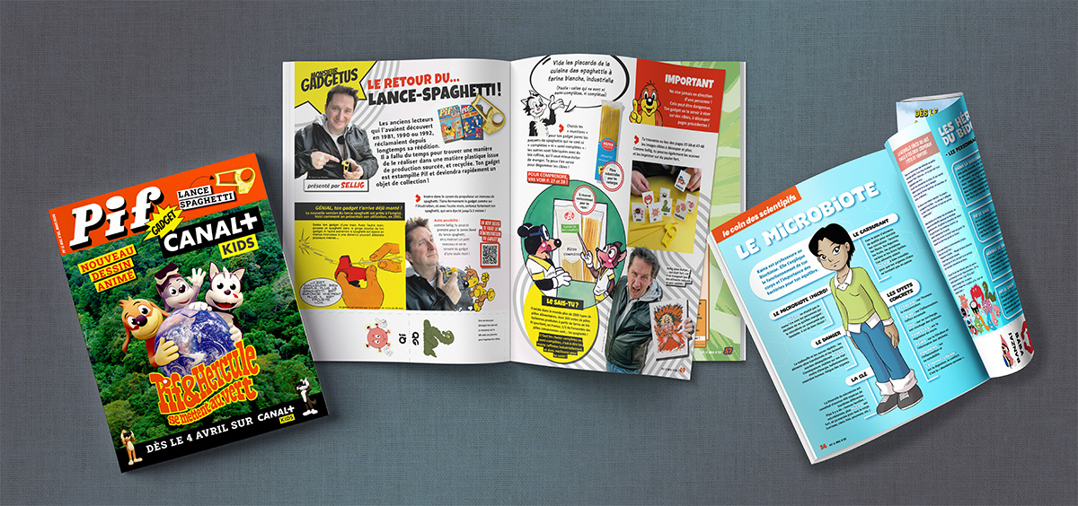 Pif Le Mag n°22 pour le printemps 2026, avec Une de couverture, double-page sur le gadget «lance-spaguetti» et son utilisation expliquée par l’humoriste Sellig, et page de la rubrique Le coin des scientipifs sur le microbiote.